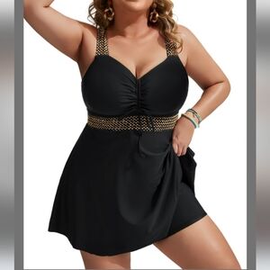 Hanna Nikole NWT Sz 24W Swim Dress With Shorts Black Shimmery Gold